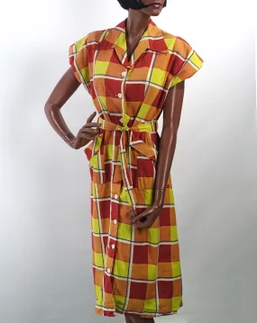 40s Day Dress 50s  Women's Vintage Large Scale Plaid Sunshine Colors M/L VFG Brentwood JC Penney