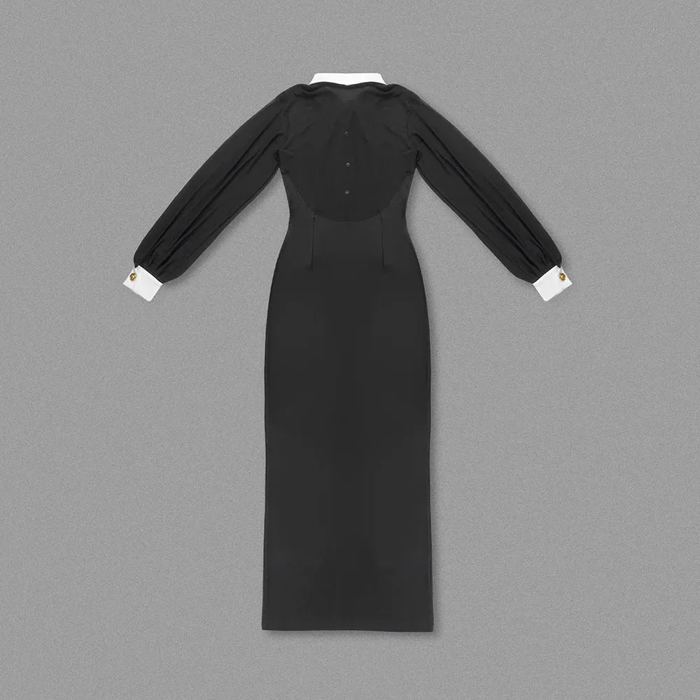 Trend4us Women’s Elegant Mesh Sleeve Button-Up Slit Maxi Dress