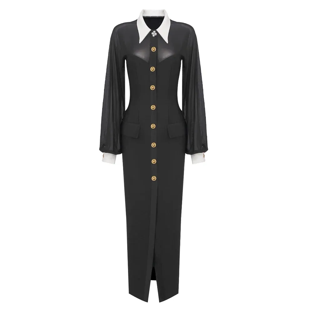 Trend4us Women’s Elegant Mesh Sleeve Button-Up Slit Maxi Dress