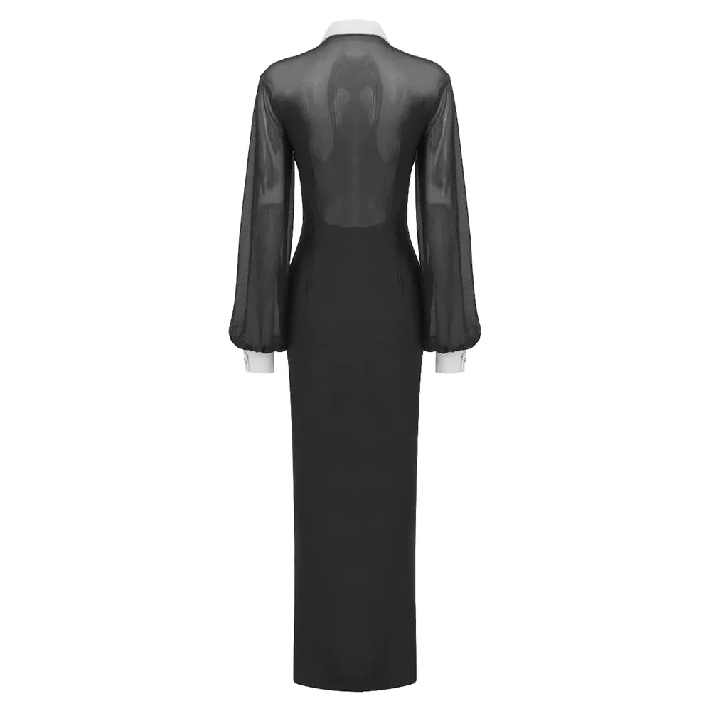 Trend4us Women’s Elegant Mesh Sleeve Button-Up Slit Maxi Dress